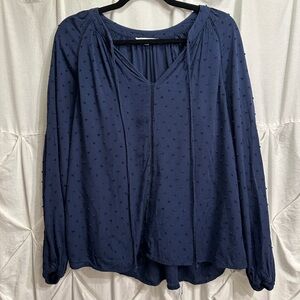 Navy Blue Swiss Dot Peasant Blouse - Flowy & Chic!